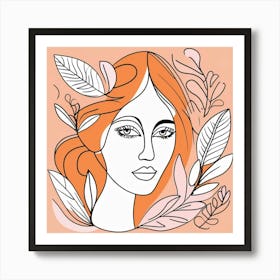 line art woman portrait in orange  Art Print