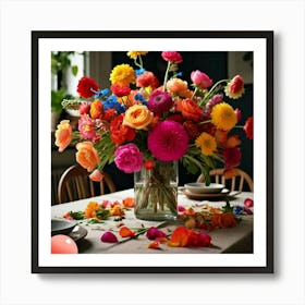 Table Setting With Colorful Flowers Art Print