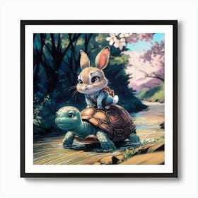 Rabbit On A Turtle funny art  Art Print
