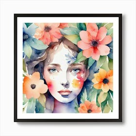 Watercolor Of A Girl With Flowers 2 Art Print