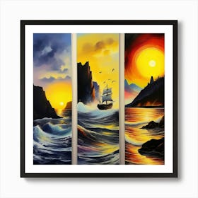 hree different vertical panels, ocean sea ⛵ ships 5 Art Print