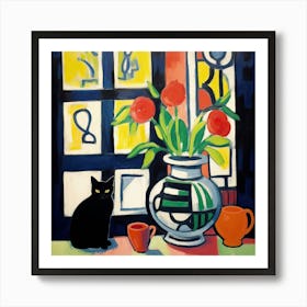 Vase On A Table With A Cat Matisse Style Art Print