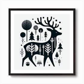 Scandinavian style, Silhouette of a deer with forest 2 Art Print