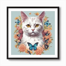 White Cat With Butterflies Art Print