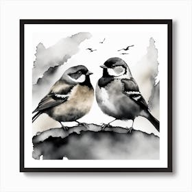 Firefly A Modern Illustration Of 2 Beautiful Sparrows Together In Neutral Colors Of Taupe, Gray, Tan (31) Art Print
