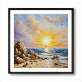 Oil painting design on canvas. Sandy beach rocks. Waves. Sailboat. Seagulls. The sun before sunset.43 Art Print