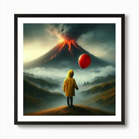 It'S A Day a boy wearing a yellow rain coat holding a red ballon, standing in front of a smokey volcano, digital art. Art Print