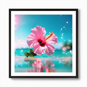 Blue Ocean and Pink Hibiscus Flower on the Beach 1 Art Print