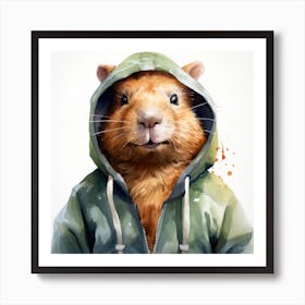 Watercolour Cartoon Capybara In A Hoodie Art Print