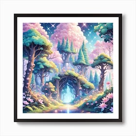 A Fantasy Forest With Twinkling Stars In Pastel Tone Square Composition 257 Art Print