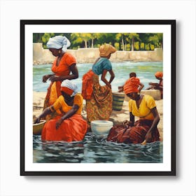 Women Washing In The River Art Print