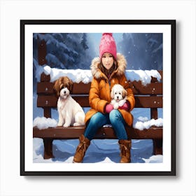 Girl With Dogs On A Bench Art Print