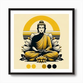 "Lotus Enlightenment" is an artful representation of the Buddha in serene meditation, adorned in golden robes and seated on a lotus, the symbol of purity and awakening. The backdrop, with its bold sun motif and stylized leaves, adds layers of symbolism, reflecting the Buddha's journey towards enlightenment. This artwork, with its balanced composition and calming color scheme, is ideal for cultivating an atmosphere of peace and introspection. It's a perfect piece for meditation spaces, living areas, or any setting where a touch of spiritual elegance is desired. "Lotus Enlightenment" is not just a visual treat; it's an invitation to embrace tranquility and mindfulness. Art Print