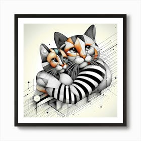 Cats Hug - Abstract Line Art Illustration 230 Art Print