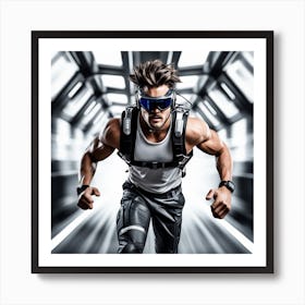 Alpha Male Model Running In High Speed, Wearing Futuristic Sonic Armor Exoskeletons And Vr Headset With Headphones Award Winning Photography With Sports Car, Designed By Apple Studio (2) Art Print