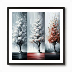 Three different paintings each containing cherry trees in winter, spring and fall 3 Art Print