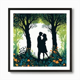 Love Story, Silhouettes Of Two People Hugging Surrounded By Elements Of Nature Flowers Trees Growing , Silhouette Of Couple In The Forest Art Print