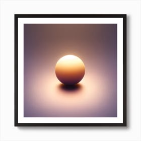 Title: "Solitary Glow: A Study in Light and Form"  Description: "Solitary Glow" is a minimalist piece that exudes a meditative quality through the interplay of light, shade, and form. The artwork captures a singular sphere bathed in a gradient of warm light that gently fades into the surrounding soft mauve backdrop. This simple yet profound representation alludes to the quiet power of a solitary source of light, reminiscent of a setting sun or a glowing ember. The subtle illumination creates a halo on the surface, suggesting depth and space. This piece is an invitation to contemplation, ideal for those who seek to infuse their environment with a sense of calm and the sublime beauty of simplicity. Art Print