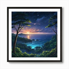 Enchanted Twilight Serenity at a Secluded Beach Cove Surrounded by Forest Art Print