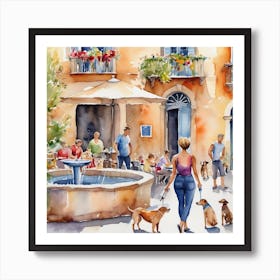 People And Dogs At The Fountain Art Print