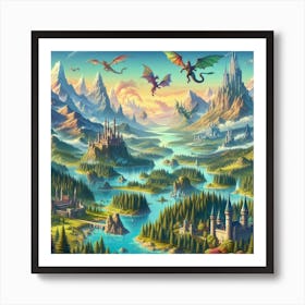 Fantasy Landscape With Dragons Art Print