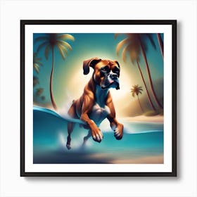 A dog boxer swimming in beach and palm trees 9 Art Print