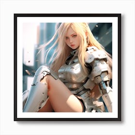 3d Dslr Photography A Woman With Long Blonde Hair Sitting On The Ground, Cyberpunk Art, By Krenz Cushart, Wears A Suit Of Power Armor, Closeup Character Portrait, Cute Detailed Digital Art, Artgerm And Lois V (1) Art Print