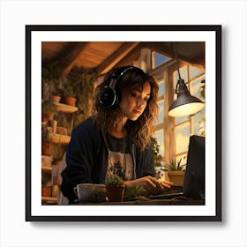 Girl Working On Her Laptop In Boho Plant Filled Room Affiche