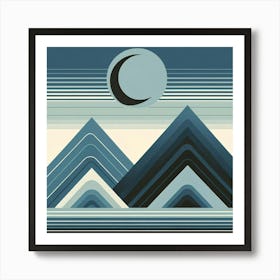 "Crescent Moon over Monochromatic Mountains"  This graphic illustration features monochromatic mountains under a crescent moon, composed in a striking array of blues and greys, accented with clean horizontal lines. It's an artistic expression that combines the tranquil majesty of mountainous landscapes with the mystery of a night sky, ideal for modern decor enthusiasts seeking a blend of serenity and sophistication in their space. Art Print