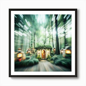 A whimsical forest scene with a path leading to a small and glowing house. Art Print