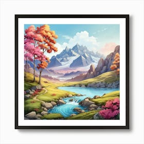 Landscape With Mountains And River Art Print