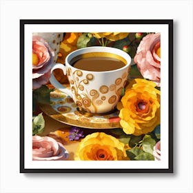 Coffee And Yellow Roses Art Print Art Print