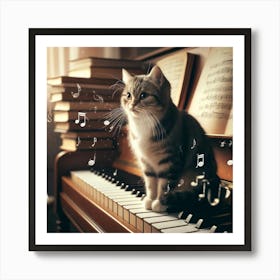 Musical Cat Wall Print Art A Whimsical Scene Of A Cat On A Piano With Musical Notes, Perfect For Blending A Love Of Cats And Music In Any Space Art Print