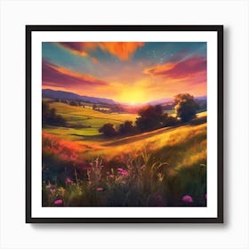 Evening Sunset across the Wild Flower Meadow Art Print
