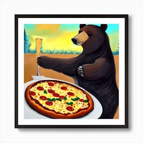 Bear Eating Pizza And Drinking Painting Art Print