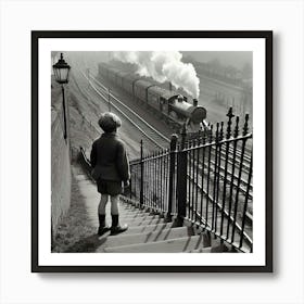 Boy Looking At A Train Art Print