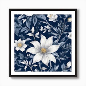 White Flowers On A Blue Background Art Print