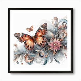 Vintage Ornate Butterfly on Flowers I Art Print