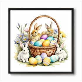 Easter bunnies cozy up in a basket, with pastel-toned eggs scattered around, surrounded by flowers, watercolor painting style Art Print