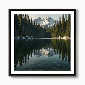 A Calm Lake Surrounded By Dense Pine Forests And Towering Snow Capped Mountains 1 1 Art Print