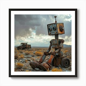 Toy Robot Weathered By Rust Settled Amidst A Desolate Wasteland Scattered With Remnants Of A Bygone Art Print