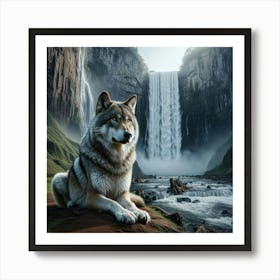 Wolf In Front Of Waterfall Art Print