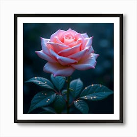 An Ethereal Rose With Petals Of Cascading, Bioluminescent Light Blooming In A Surreal Garden Art Print