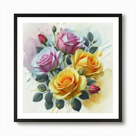 The roses blue and rose yellow oil abstract painting art 4 Art Print