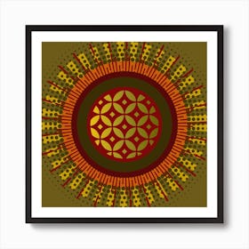 MidMod Boho Abstract Celestial Mandala Geometric in Olive, Gold and Red Art Print