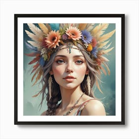 Native American Girl With Feathers Art Print