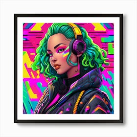 Neon Girl With Headphones Art Print