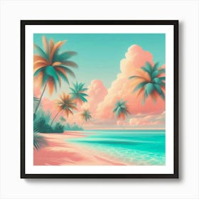 Pink Beach With Palm Trees Art Print