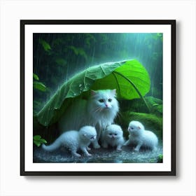 Cat Family In The Rain Art Print