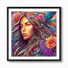 Beautiful Abstract of colorful Woman with flowers Art Print